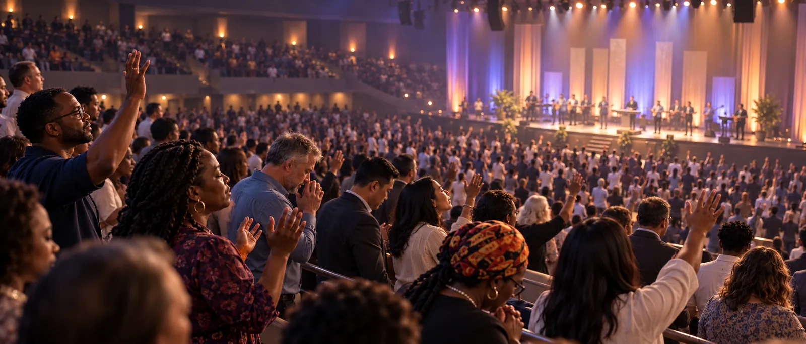 Illustration of a congregation gathered in prayer